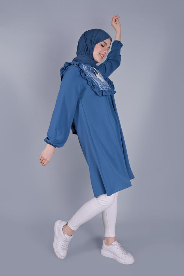 Tesettür giyim  YAKASI BAĞCIKLI FIRFIRLI TUNİK 4536 - TRENDTESETTÜR