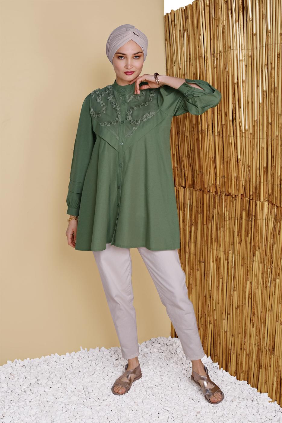 Tesettür giyim HAKİ DÜĞMELİ SALAŞ TUNİK 4726