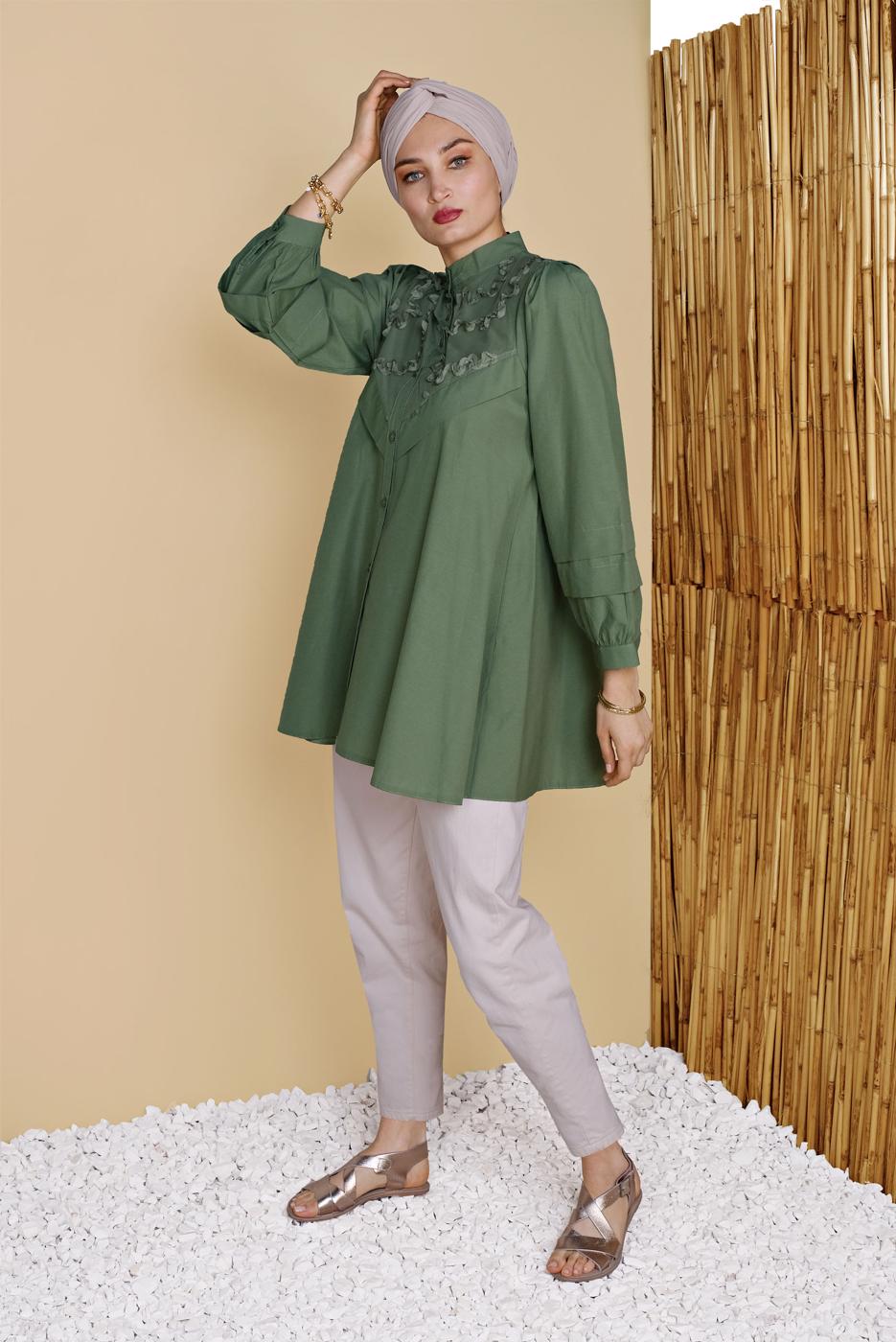 Tesettür giyim HAKİ DÜĞMELİ SALAŞ TUNİK 4726