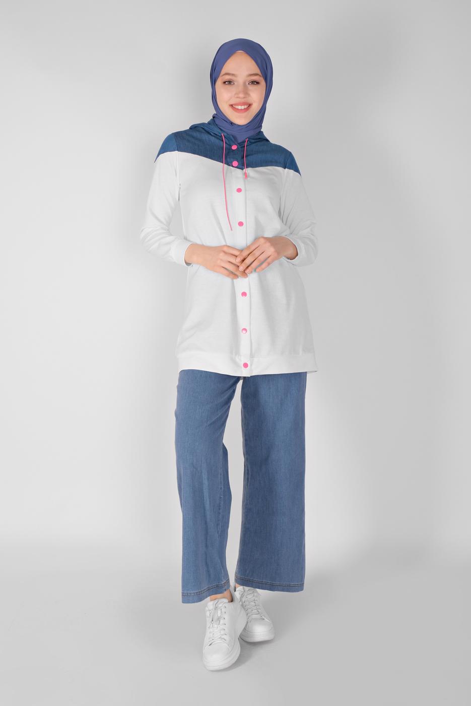 Tesettür giyim LACİVERT ÇIT ÇITLI KAPÜŞONLU TUNİK  4856 