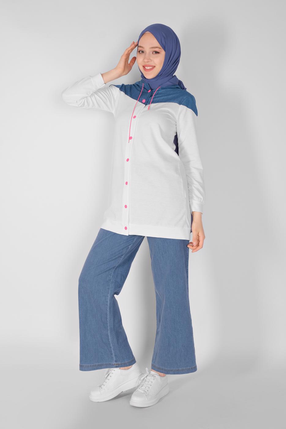 Tesettür giyim LACİVERT ÇIT ÇITLI KAPÜŞONLU TUNİK  4856 