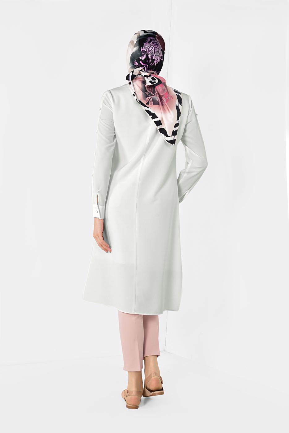 Tesettür giyim KREM  ALVİNA ASİMETRİK KESİM UZUN TUNİK 4861