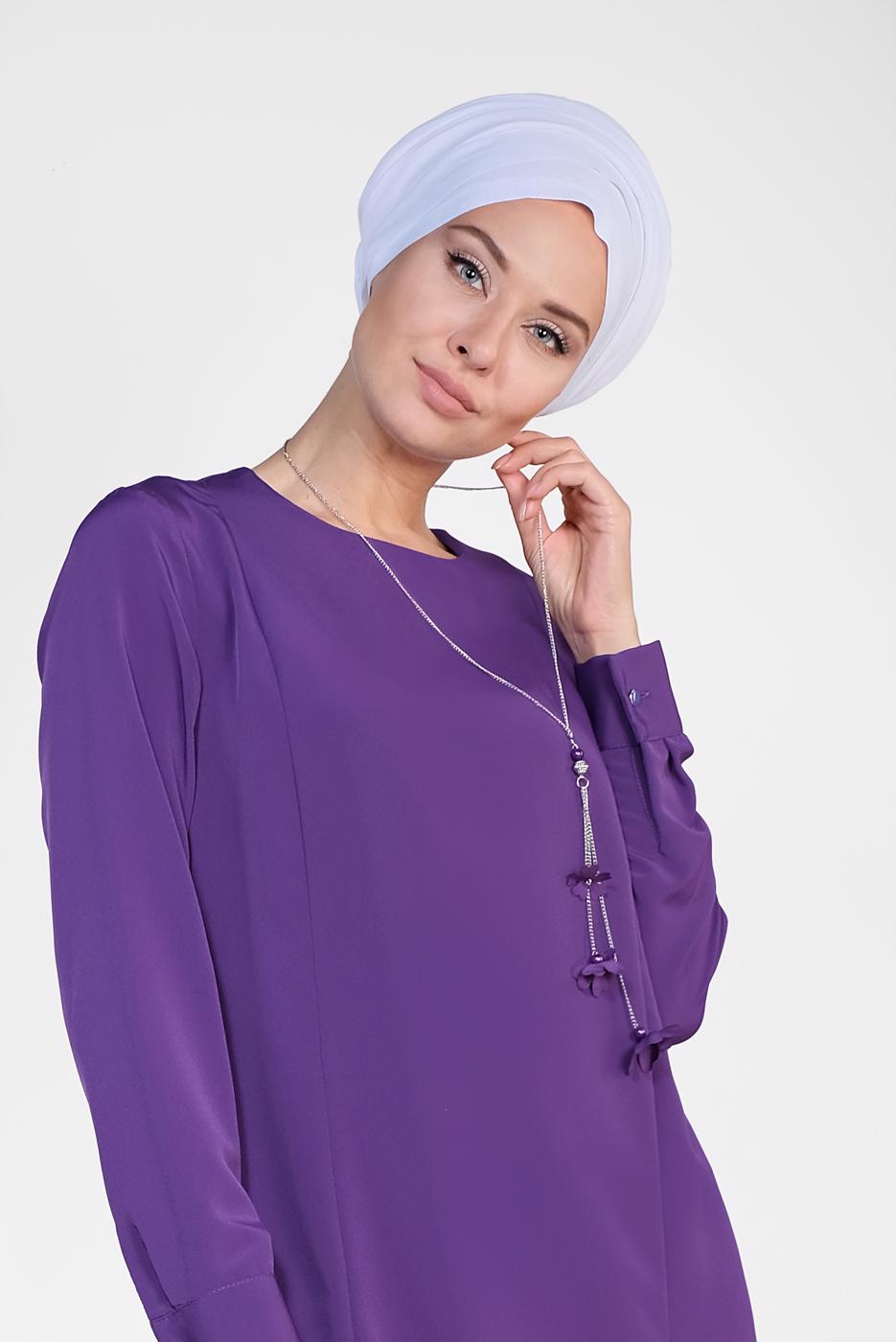 Tesettür giyim MOR ALVİNA ASİMETRİK KESİM KOLYELİ TUNİK T 4862