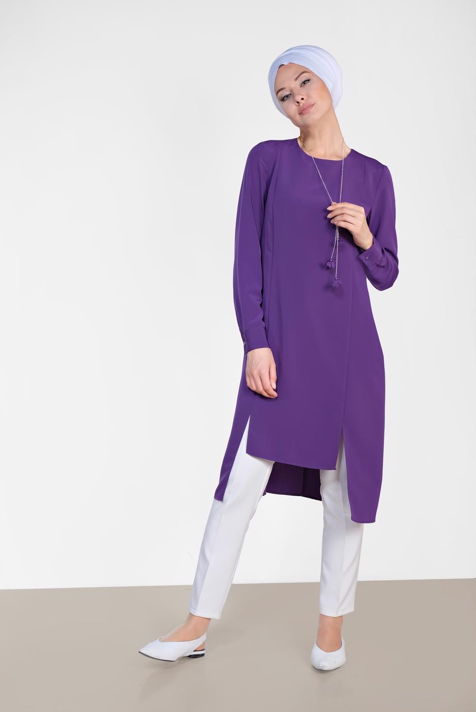 Tesettür giyim MOR ALVİNA ASİMETRİK KESİM KOLYELİ TUNİK T 4862