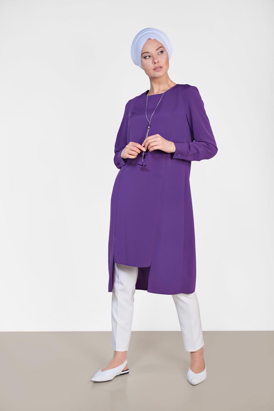 Tesettür giyim MOR ALVİNA ASİMETRİK KESİM KOLYELİ TUNİK T 4862