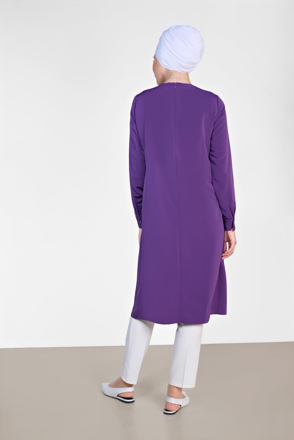 Tesettür giyim MOR ALVİNA ASİMETRİK KESİM KOLYELİ TUNİK T 4862