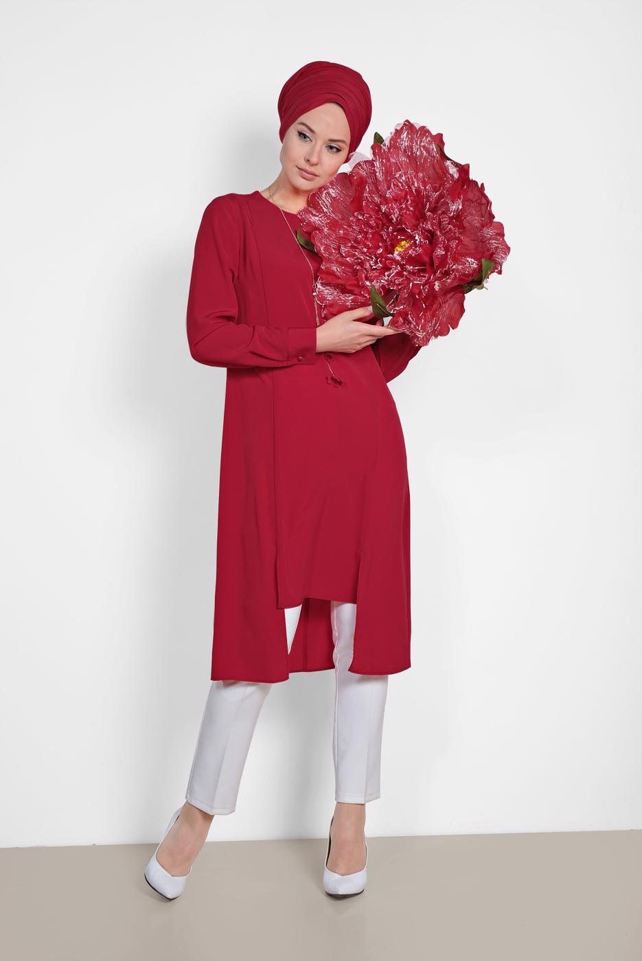 Tesettür giyim BORDO ALVİNA ASİMETRİK KESİM KOLYELİ TUNİK T 4862