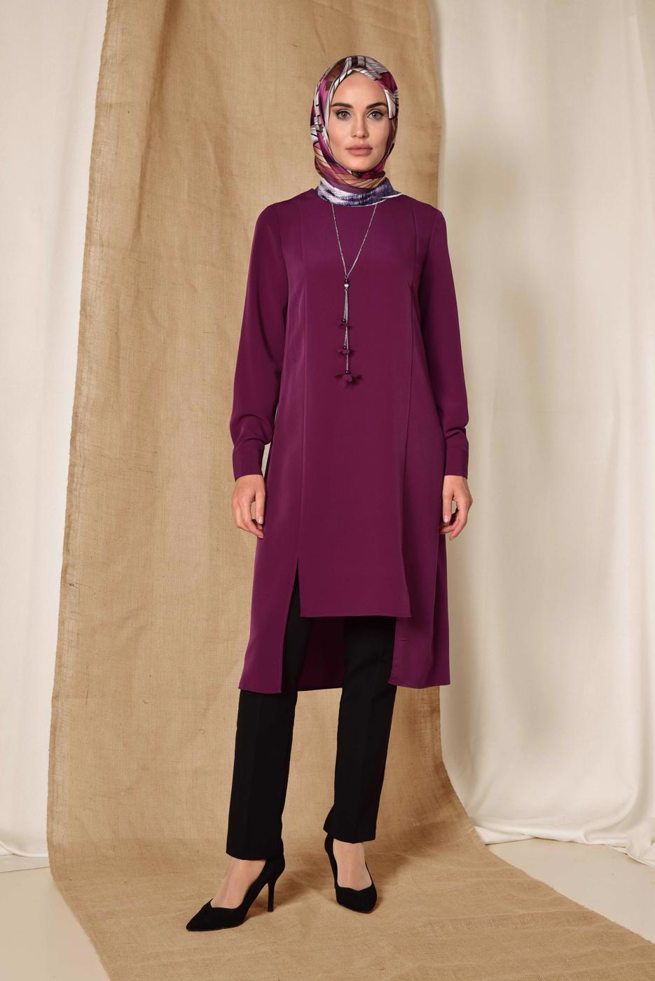 Tesettür giyim MOR ALVİNA ASİMETRİK KESİM KOLYELİ TUNİK T 4862
