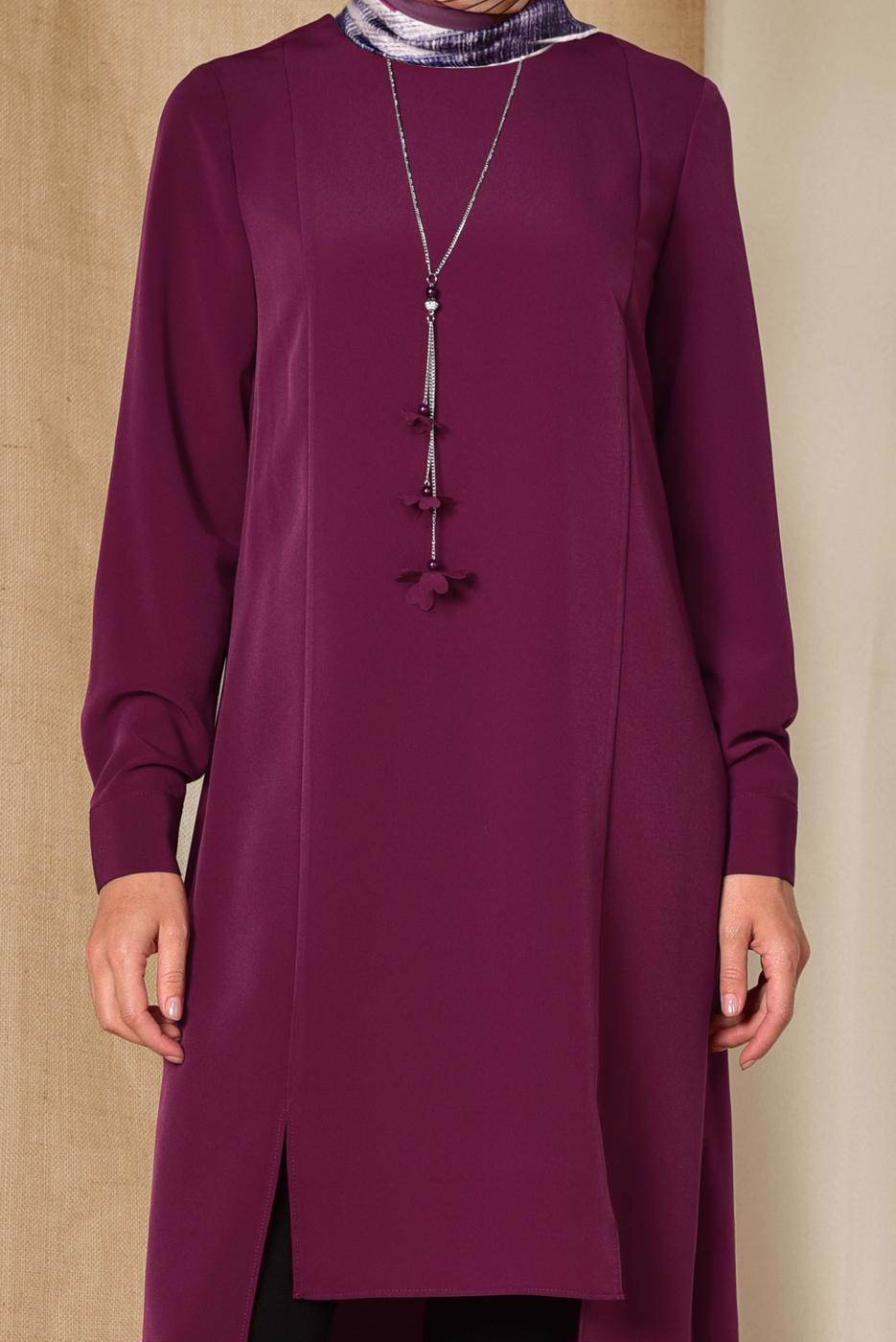 Tesettür giyim MOR ALVİNA ASİMETRİK KESİM KOLYELİ TUNİK T 4862