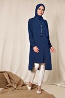 Tesettür giyim LACİVERT ALVİNA ASİMETRİK KESİM KOLYELİ TUNİK T 4862