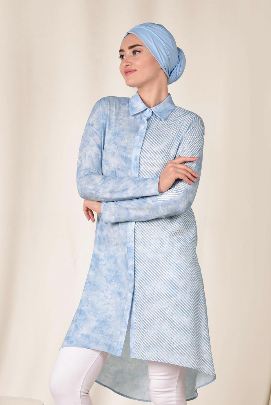 Tesettür giyim MAVİ  ALVİNA TEK TARAFI ÇİZGİ DESENLİ TUNİK 4935