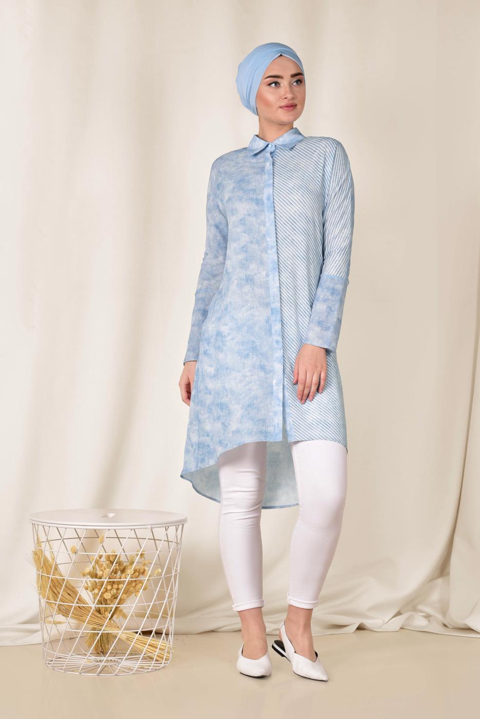 Tesettür giyim MAVİ  ALVİNA TEK TARAFI ÇİZGİ DESENLİ TUNİK 4935