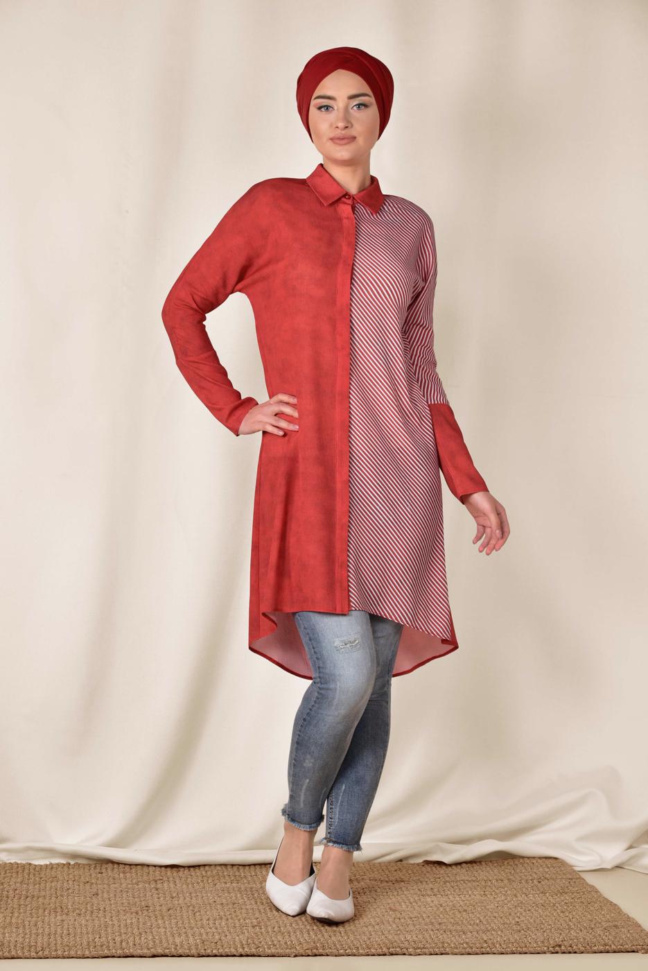 Tesettür giyim KIRMIZI  ALVİNA TEK TARAFI ÇİZGİ DESENLİ TUNİK 4935