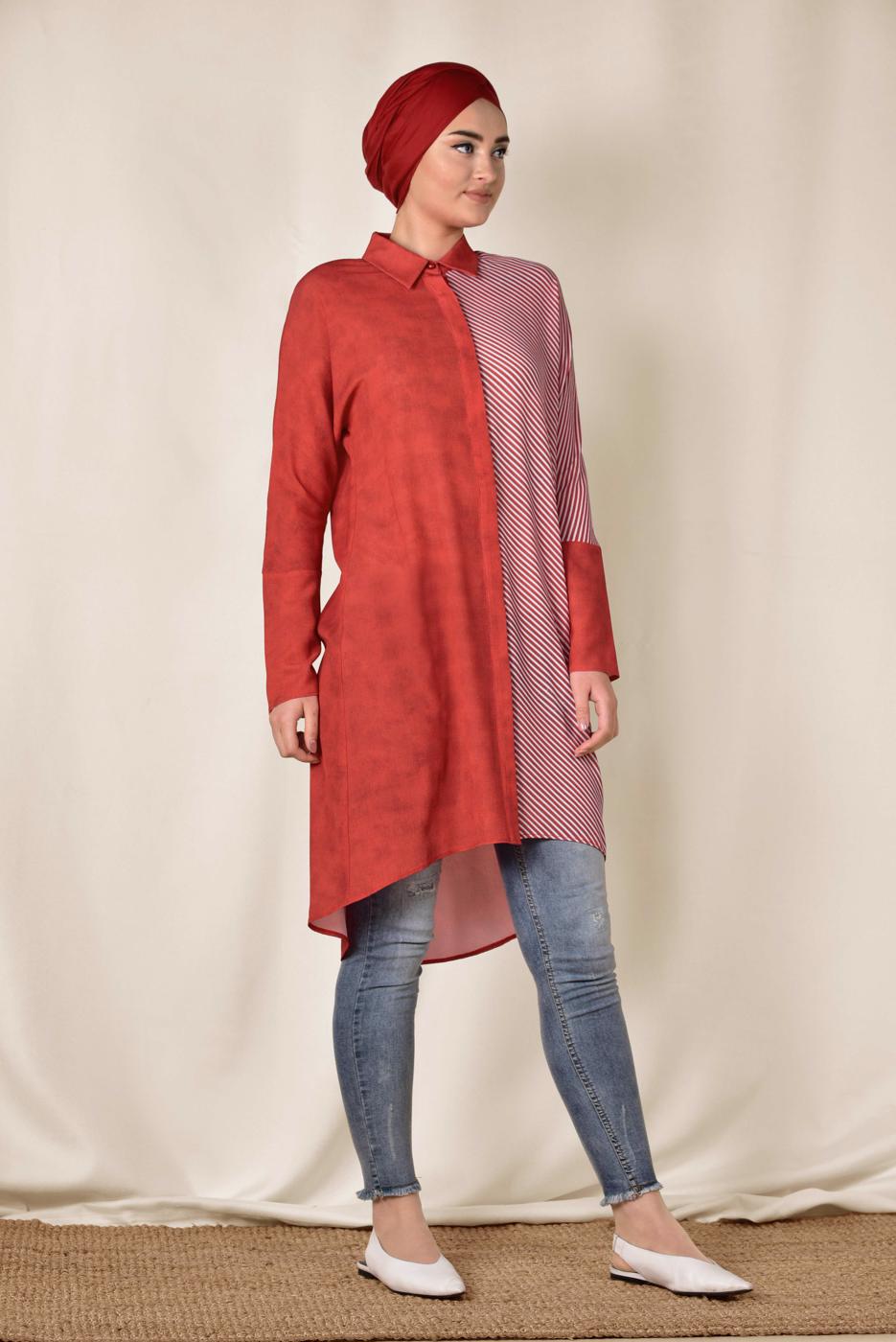 Tesettür giyim KIRMIZI  ALVİNA TEK TARAFI ÇİZGİ DESENLİ TUNİK 4935