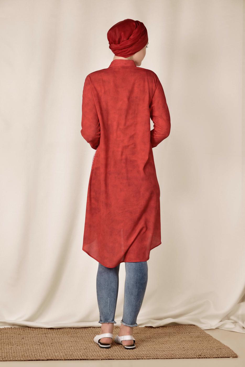 Tesettür giyim KIRMIZI  ALVİNA TEK TARAFI ÇİZGİ DESENLİ TUNİK 4935