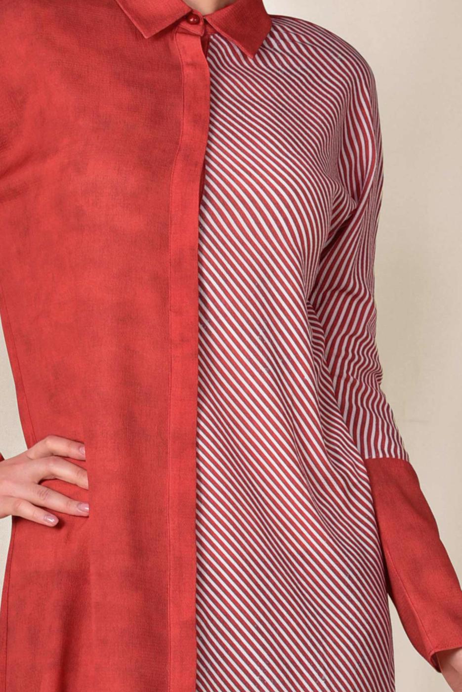 Tesettür giyim KIRMIZI  ALVİNA TEK TARAFI ÇİZGİ DESENLİ TUNİK 4935
