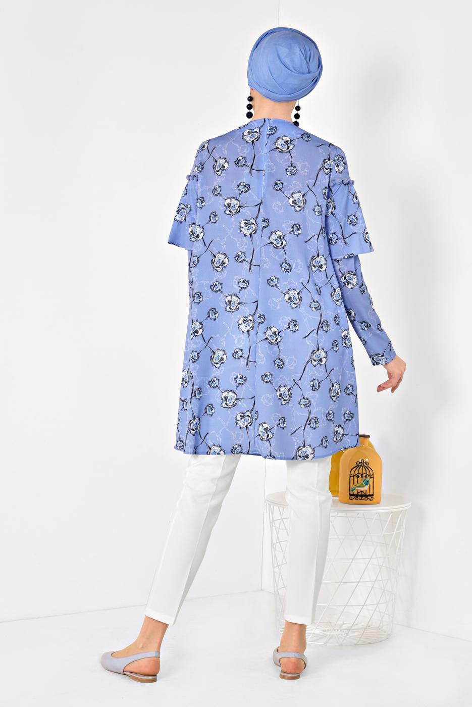 Tesettür giyim MAVİ ALVİNA FLORAL DESENLİ VOLANLI TUNİK 4938