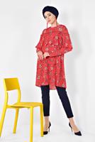 Tesettür giyim KIRMIZI ALVİNA FLORAL DESENLİ VOLANLI TUNİK 4938