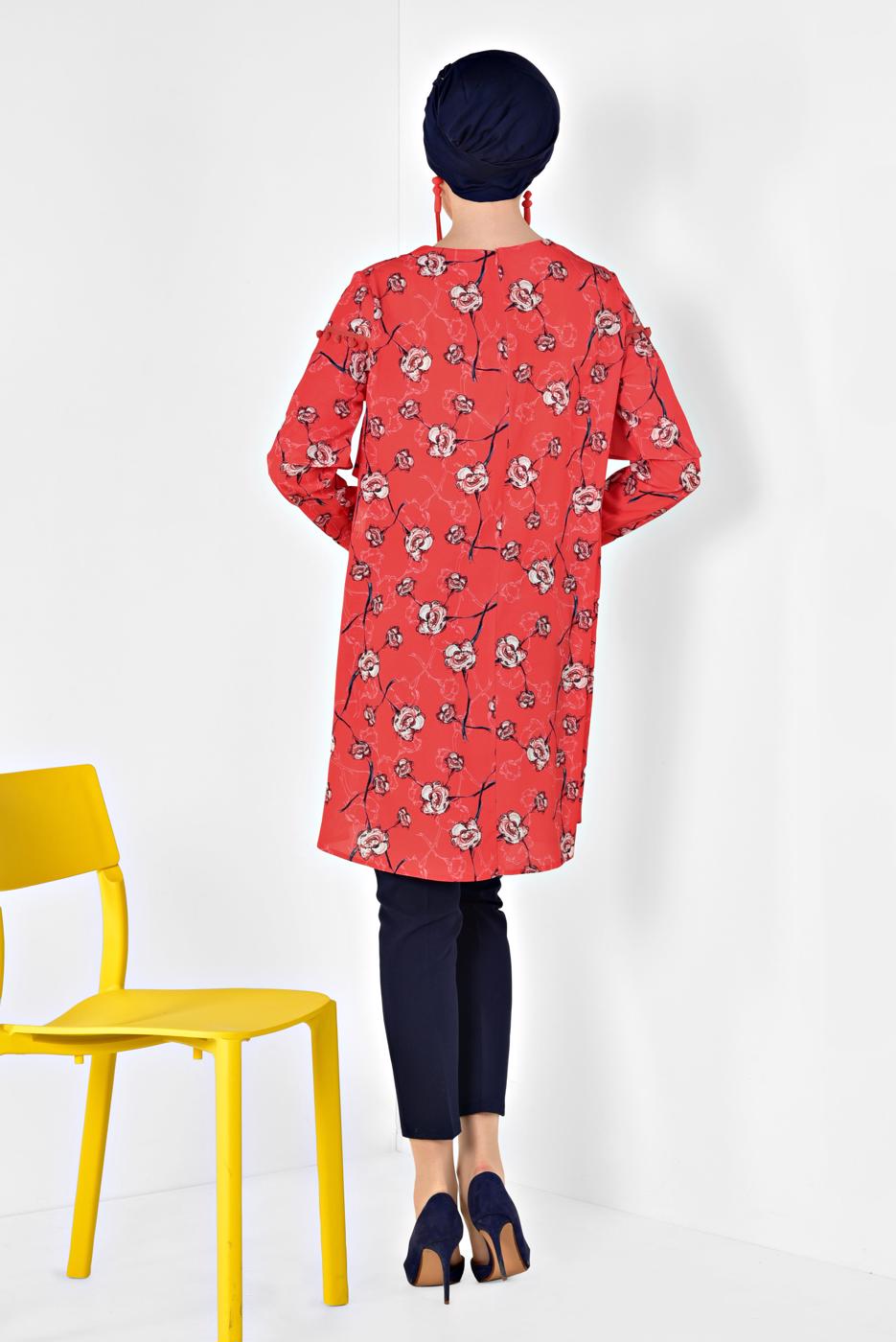 Tesettür giyim KIRMIZI ALVİNA FLORAL DESENLİ VOLANLI TUNİK 4938