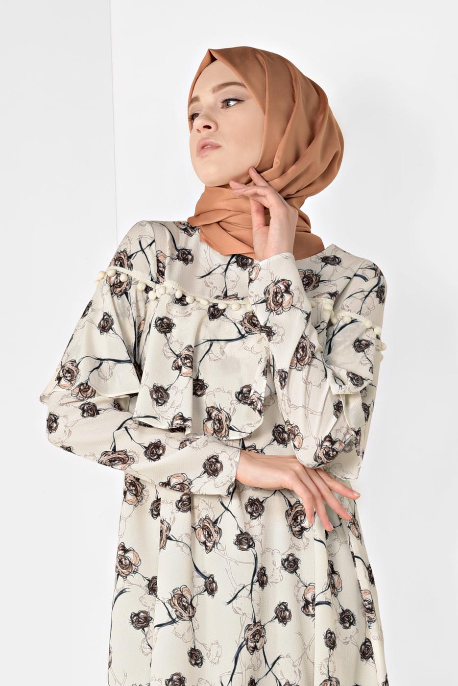 Tesettür giyim BEJ ALVİNA FLORAL DESENLİ VOLANLI TUNİK 4938