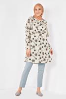 Tesettür giyim BEJ ALVİNA FLORAL DESENLİ VOLANLI TUNİK 4938