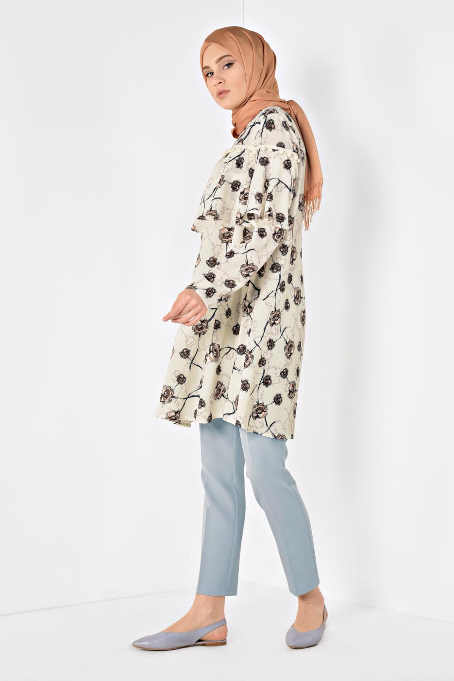Tesettür giyim BEJ ALVİNA FLORAL DESENLİ VOLANLI TUNİK 4938