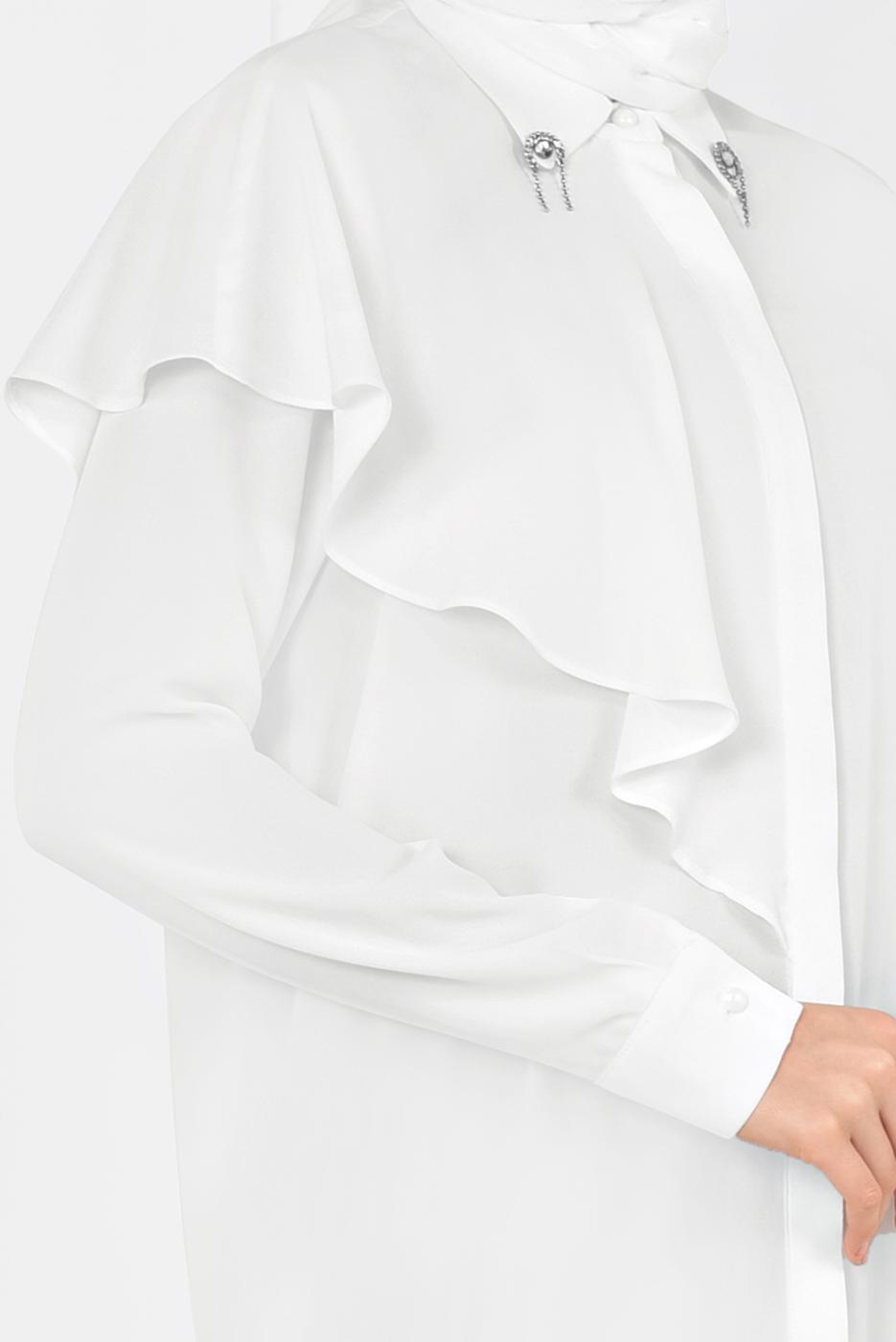 Tesettür giyim KREM ALVİNA YAKASI BROŞLU VOLAN DETAYLI TUNİK 4939