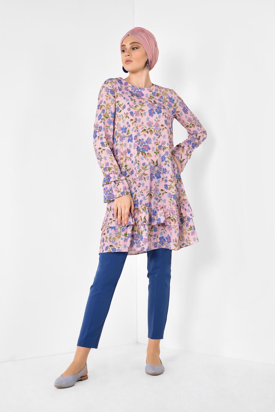 Tesettür giyim PEMBE  ALVİNA ETEK UCU VE KOLLARI FIRFIRLI TUNİK 4971