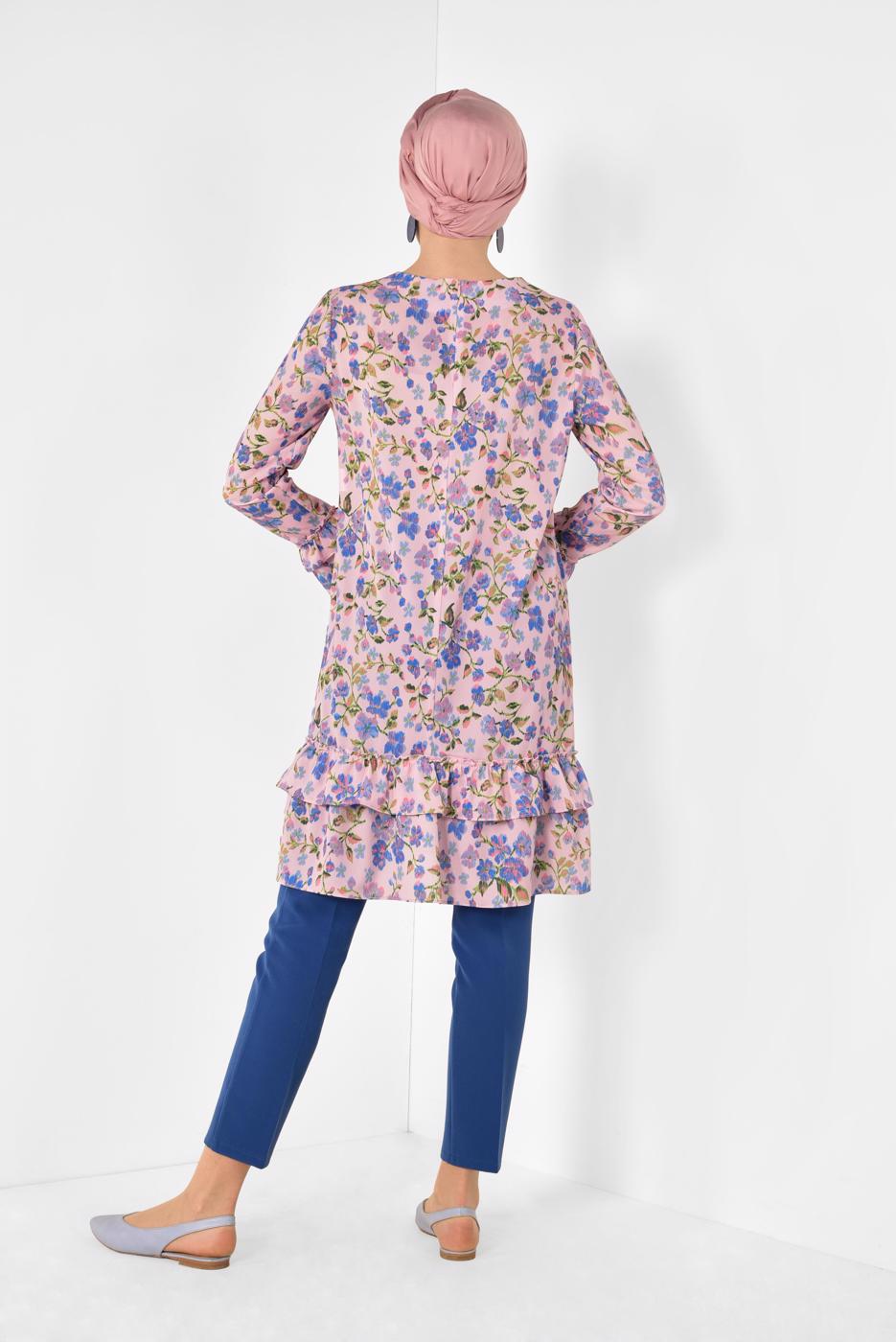 Tesettür giyim PEMBE  ALVİNA ETEK UCU VE KOLLARI FIRFIRLI TUNİK 4971