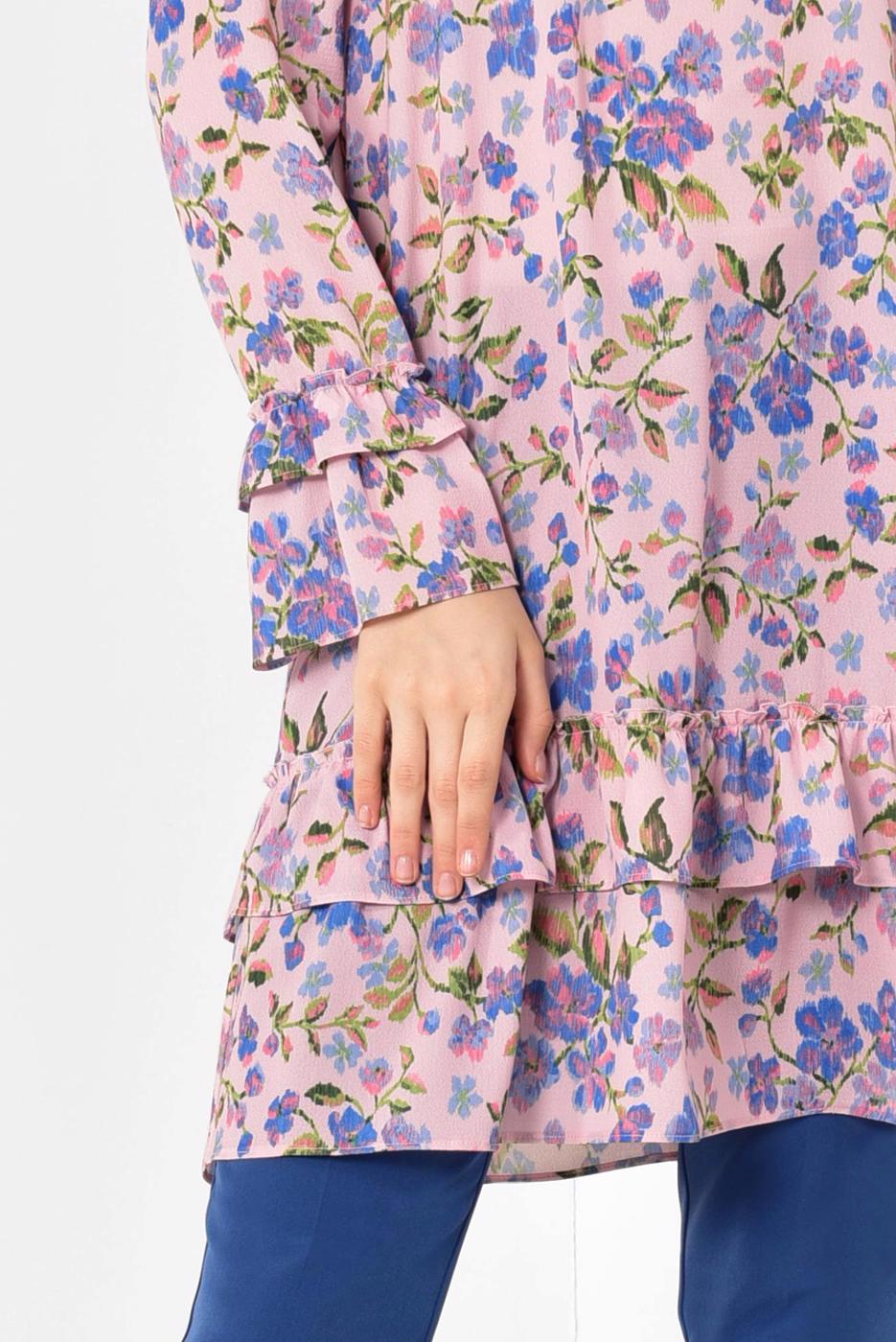 Tesettür giyim PEMBE  ALVİNA ETEK UCU VE KOLLARI FIRFIRLI TUNİK 4971