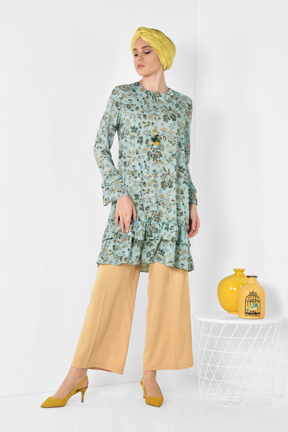 Tesettür giyim MAVİ  ALVİNA ETEK UCU VE KOLLARI FIRFIRLI TUNİK 4971