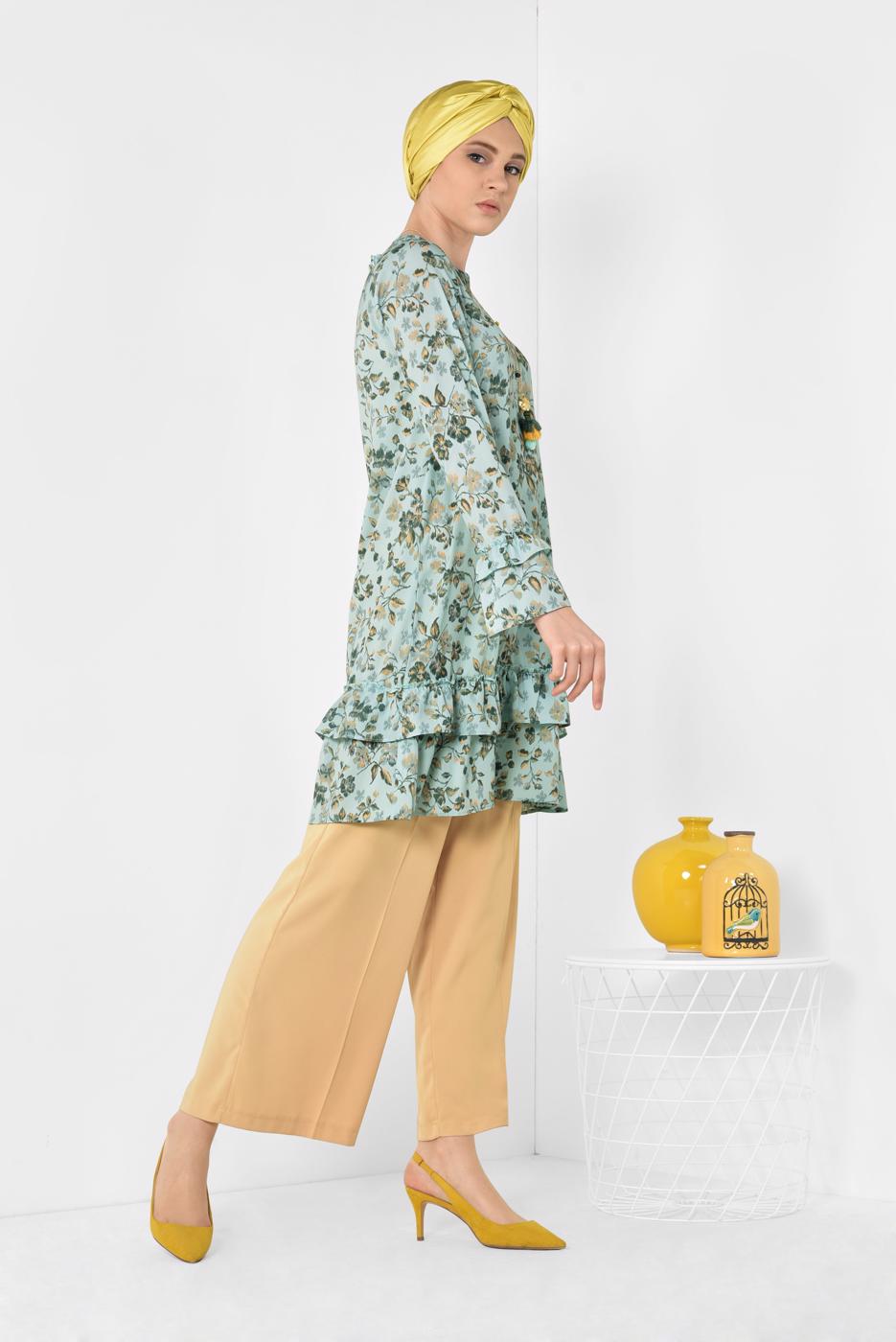 Tesettür giyim MAVİ  ALVİNA ETEK UCU VE KOLLARI FIRFIRLI TUNİK 4971