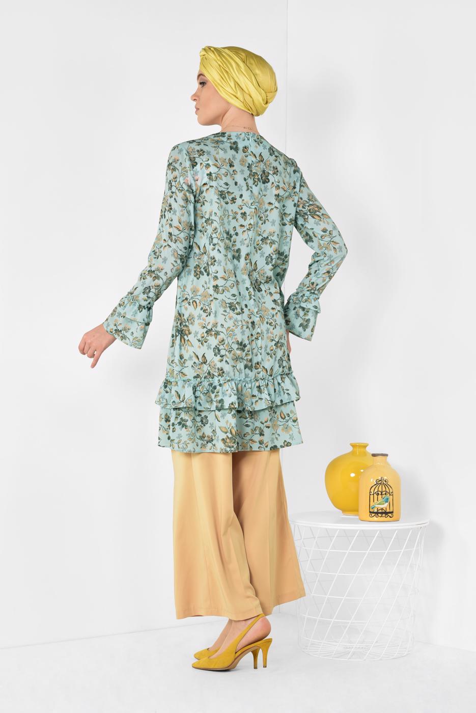 Tesettür giyim MAVİ  ALVİNA ETEK UCU VE KOLLARI FIRFIRLI TUNİK 4971