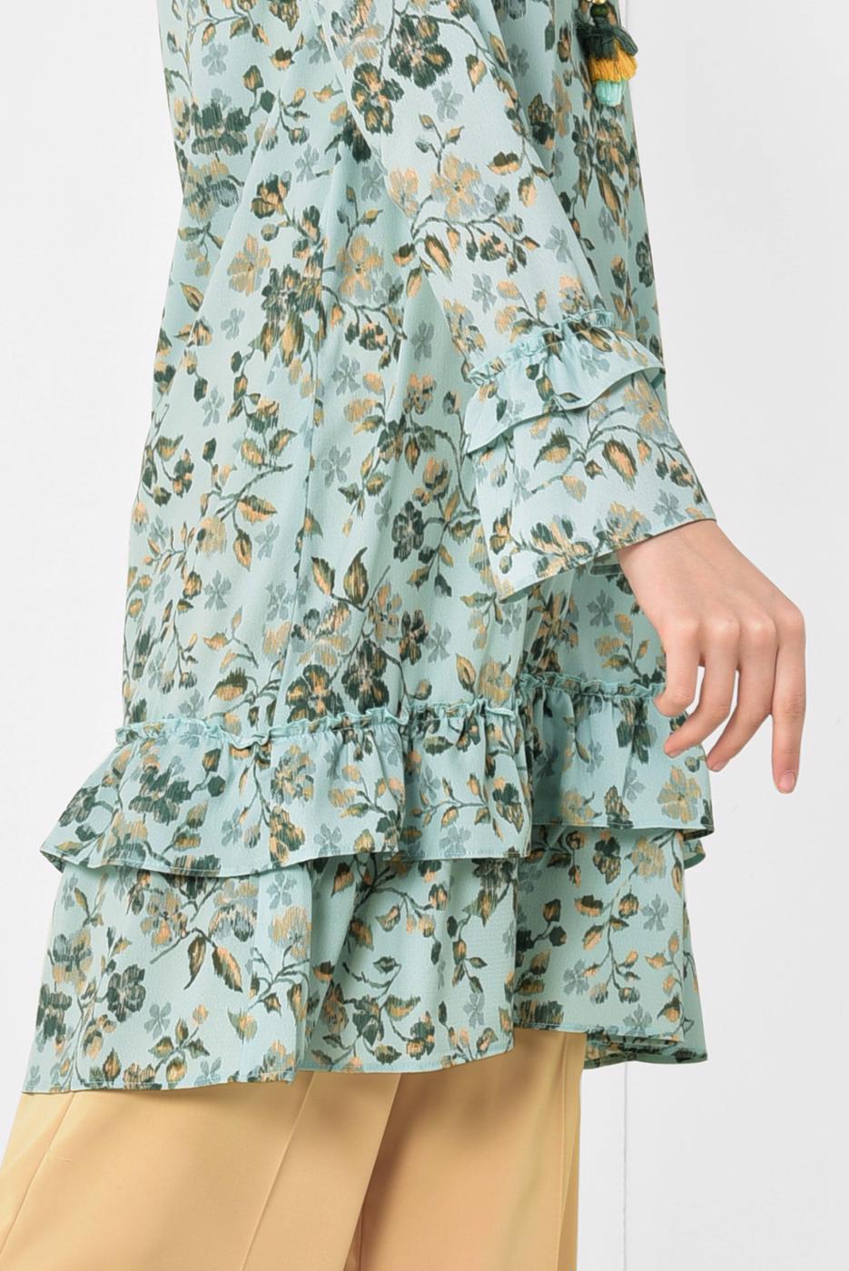 Tesettür giyim MAVİ  ALVİNA ETEK UCU VE KOLLARI FIRFIRLI TUNİK 4971