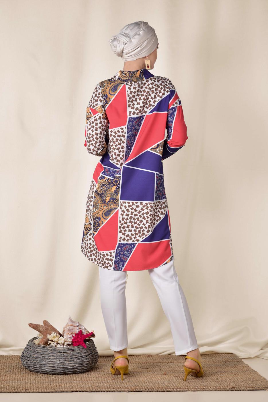 Tesettür giyim LACİVERT  ALVİNA RENKLİ DESENLİ ÖNDEN DÜĞMELİ TUNİK 4983