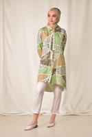 Tesettür giyim YEŞİL  ALVİNA RENKLİ DESENLİ ÖNDEN DÜĞMELİ TUNİK 4983