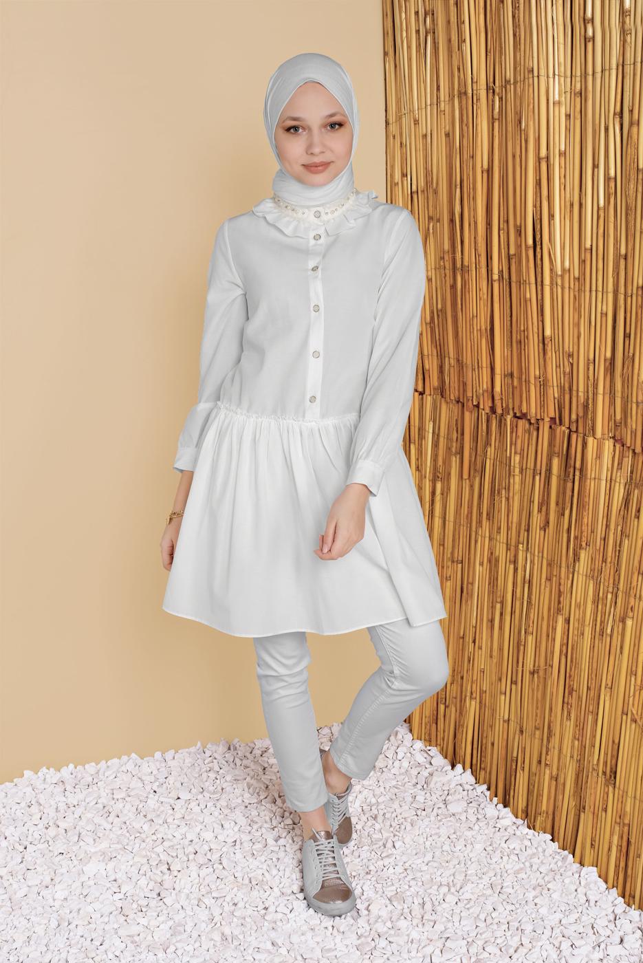 Tesettür giyim BEYAZ ETEK UCU VOLANLI SALAŞ TUNİK 5165