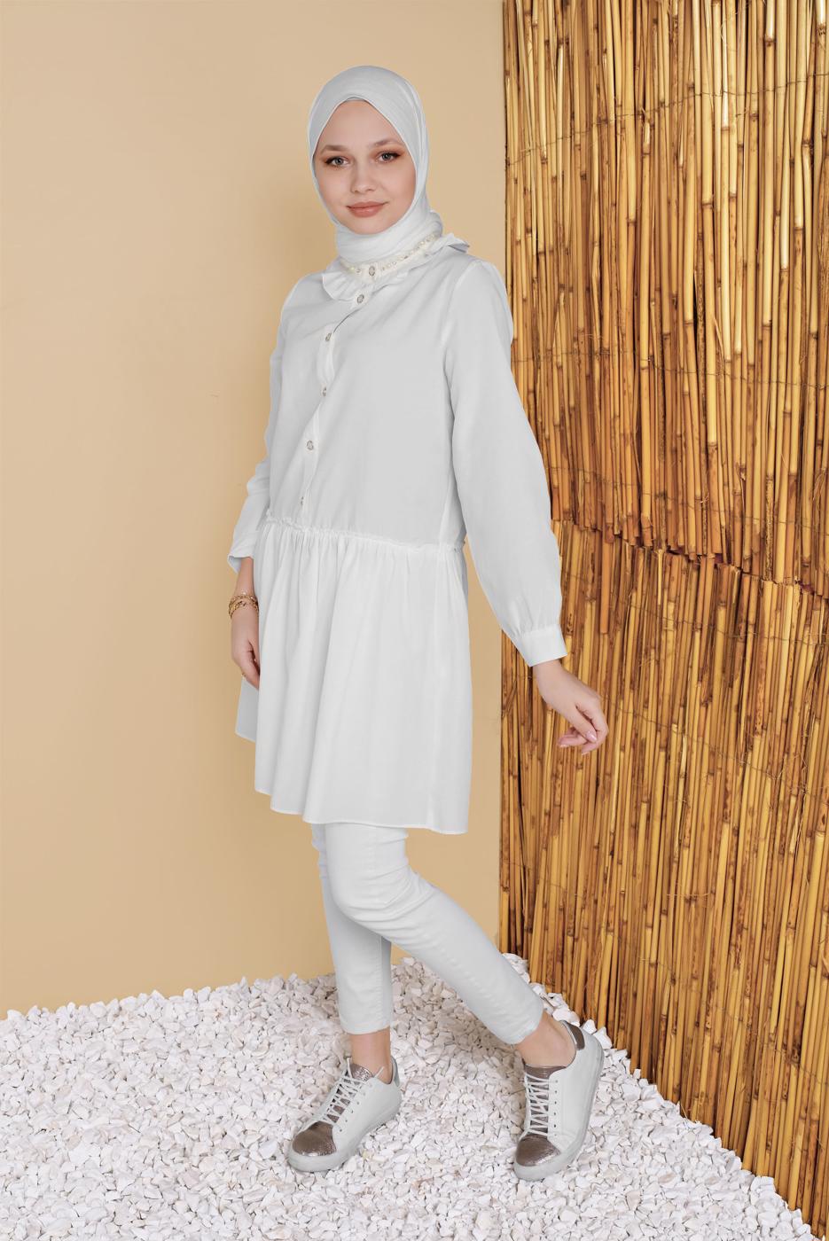 Tesettür giyim BEYAZ ETEK UCU VOLANLI SALAŞ TUNİK 5165