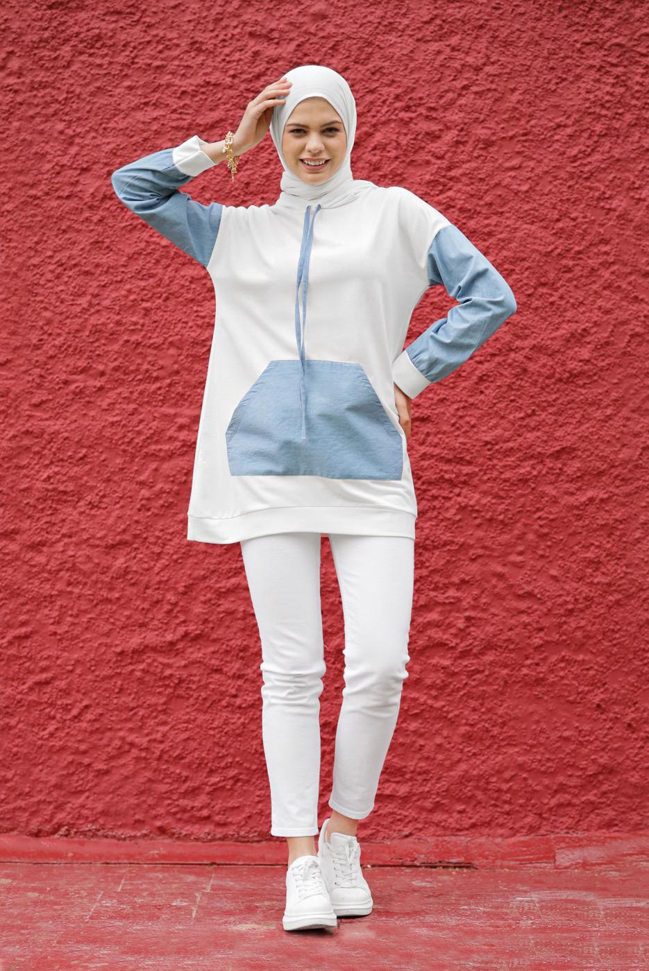 Vêtements hijab CRÈME TUNIQUE DE POCHE À CAPUCHE  5856