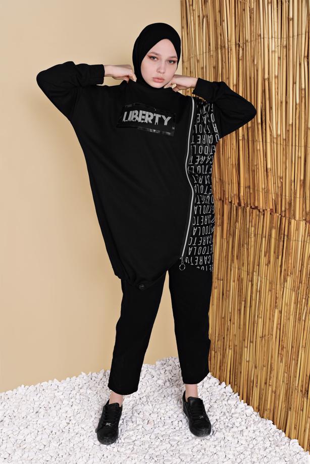 Vêtements hijab NOIR TUNIQUE DE SURVÊTEMENT À MOTIFS 6656 - TRENDTESETTÜR