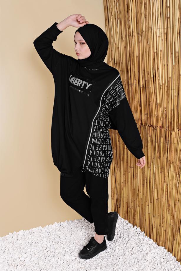 Vêtements hijab NOIR TUNIQUE DE SURVÊTEMENT À MOTIFS 6656 - TRENDTESETTÜR