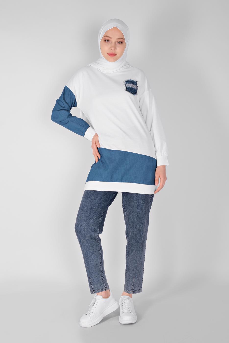 Vêtements hijab CRÈME TUNIQUE COL ROND EN JEAN  6856 