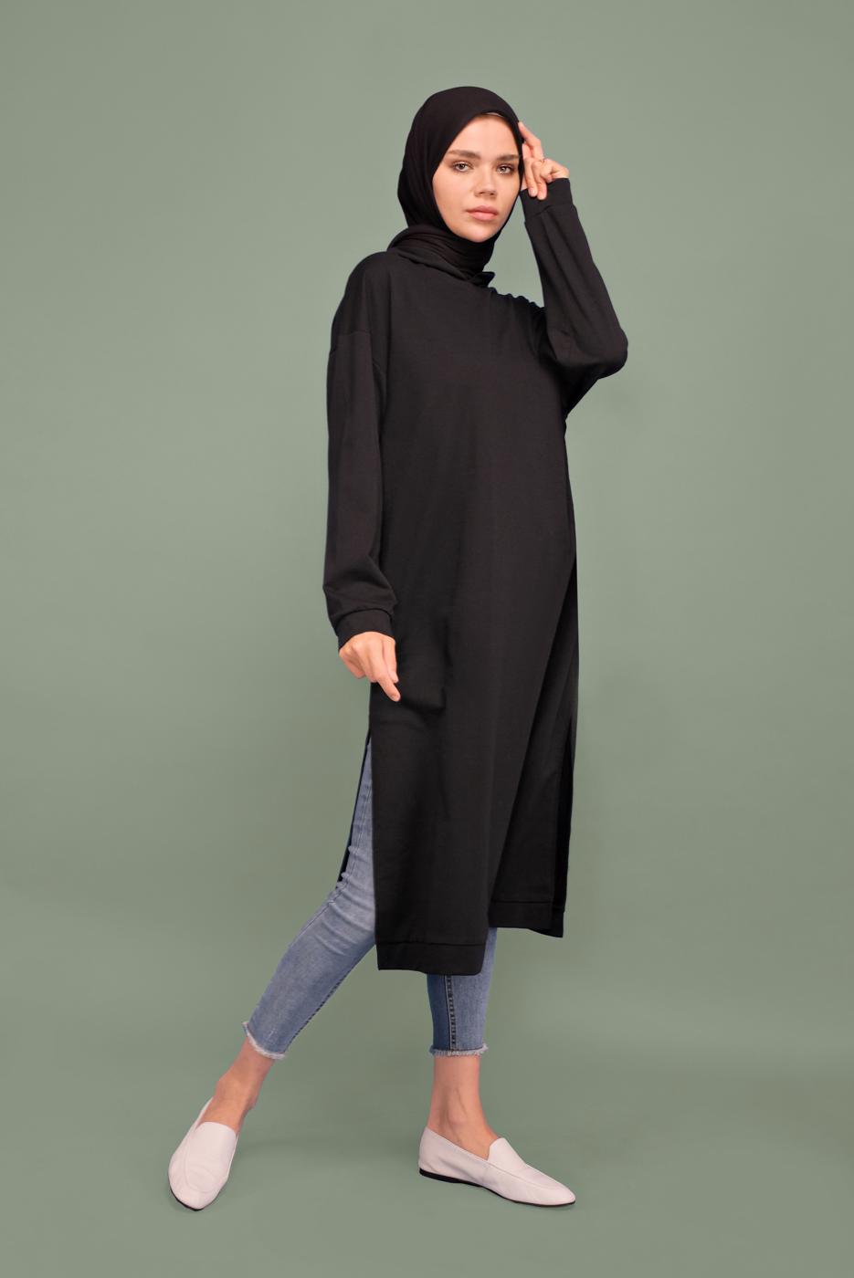 Vêtements hijab NOIR TUNIQUE À CAPUCHE 7003