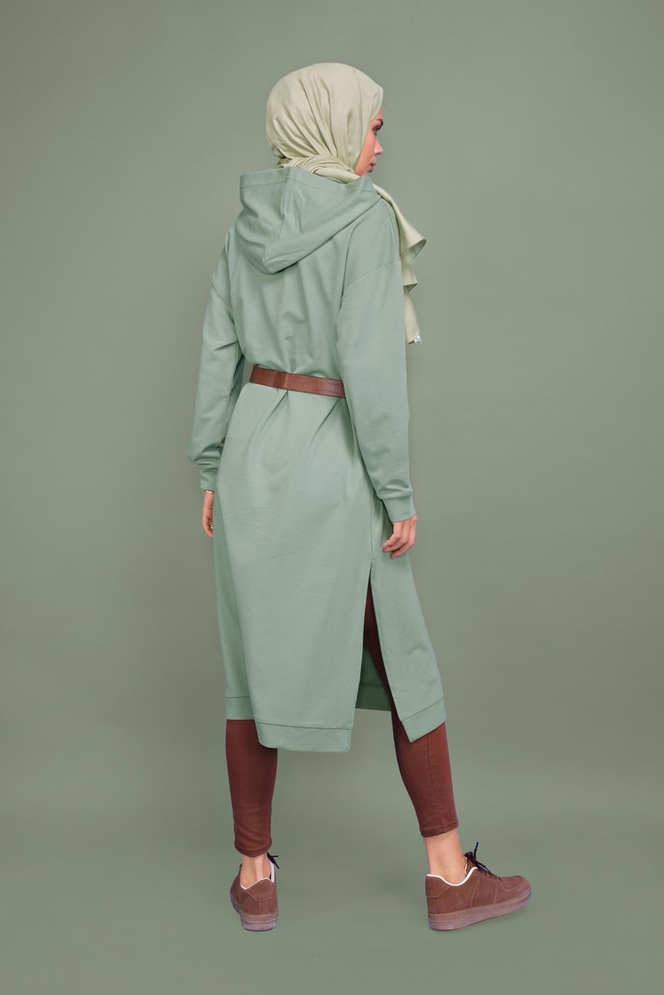 Hijab clothing GREEN HOODED TUNIC WITH SIDE SLITS 7003 