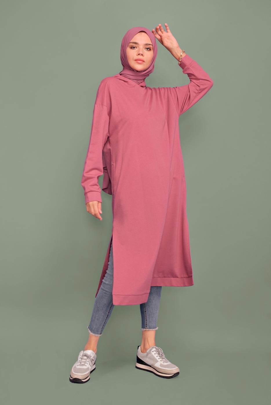Hijab clothing PINK HOODED TUNIC WITH SIDE SLITS 7003 