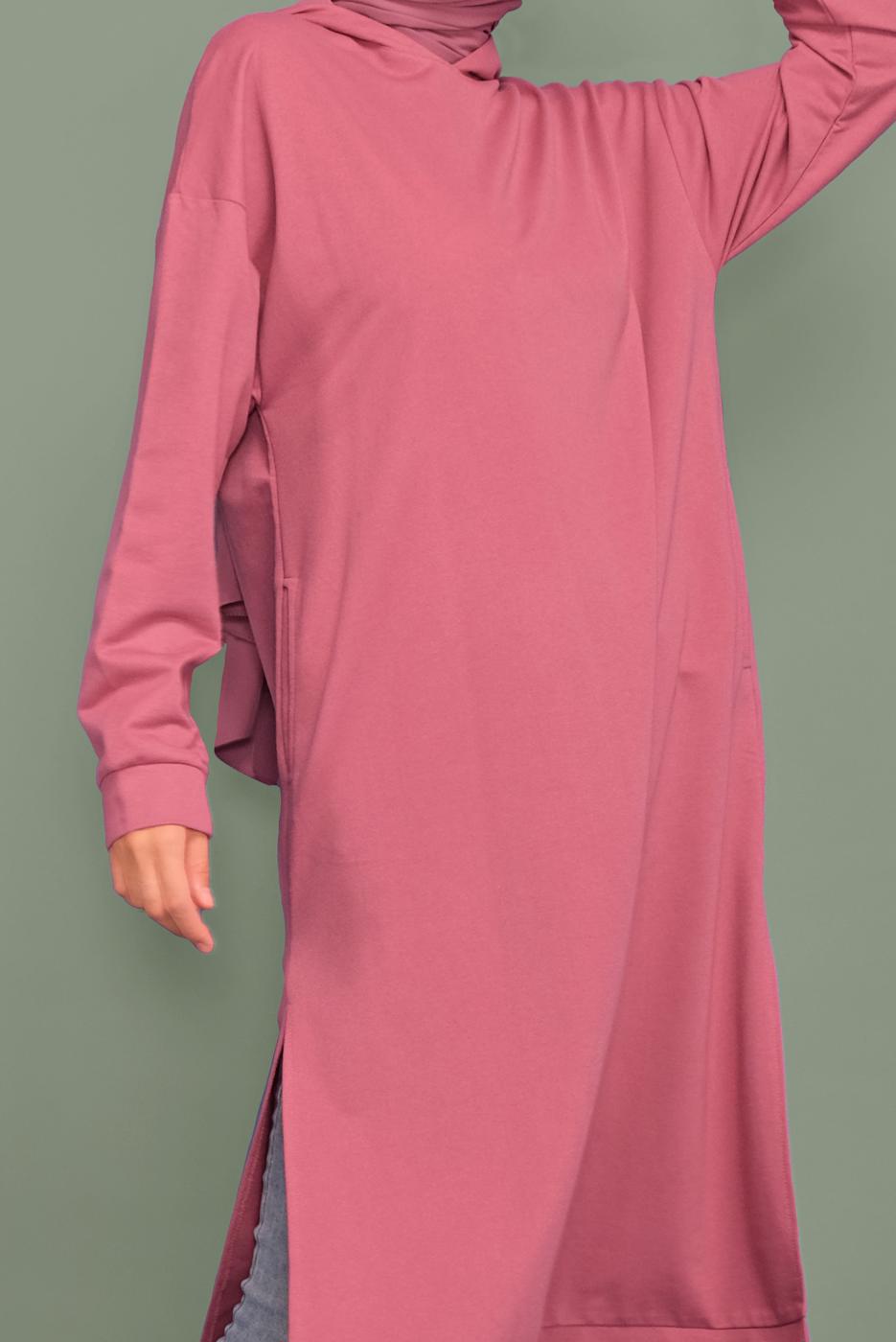 Hijab clothing PINK HOODED TUNIC WITH SIDE SLITS 7003 