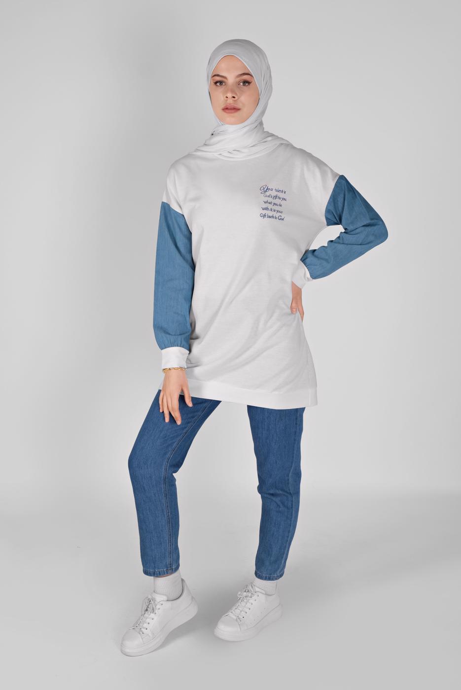 Tesettür giyim KREM KOLLARI DENİM TUNİK  8856 