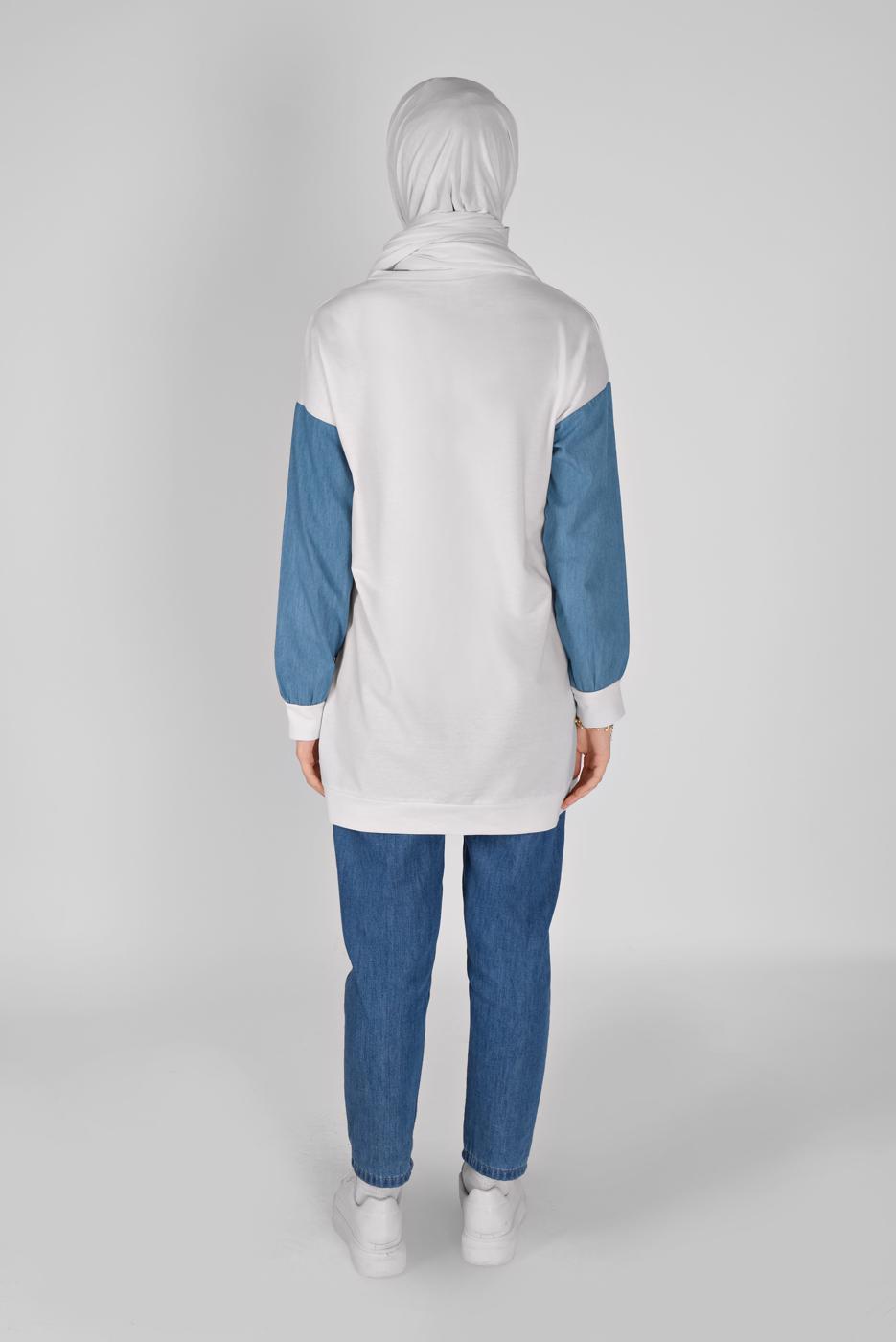 Tesettür giyim KREM KOLLARI DENİM TUNİK  8856 