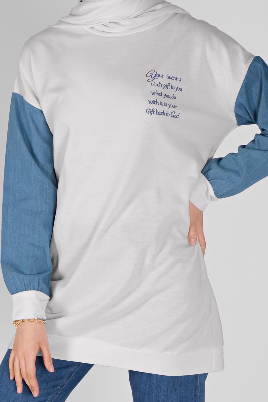 Tesettür giyim KREM KOLLARI DENİM TUNİK  8856 