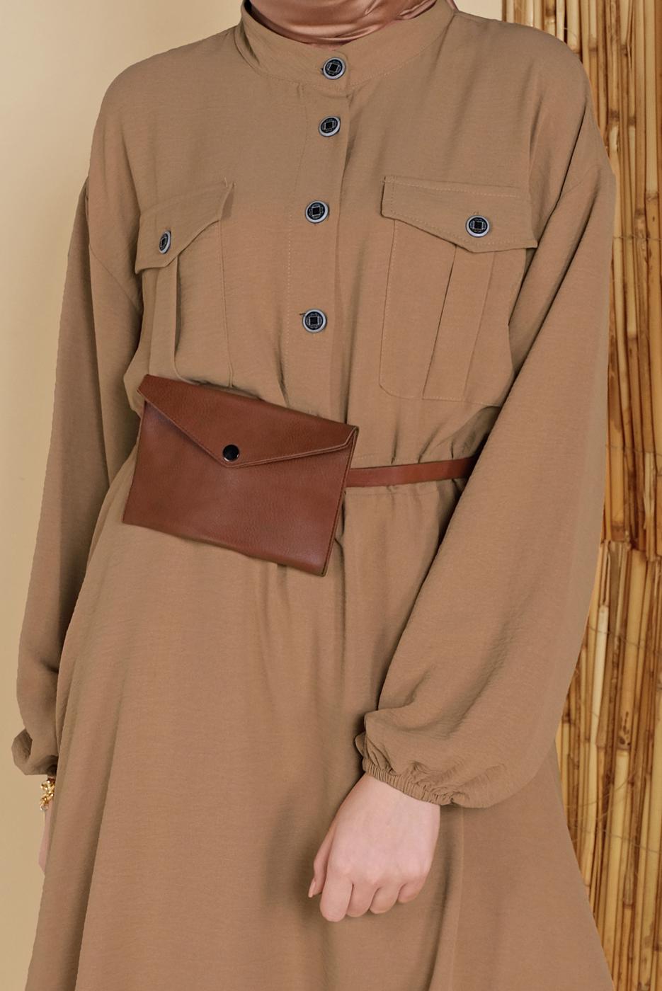 Hijab clothing BROWN TIE DETAIL TUNIC WITH POCKET 9181 